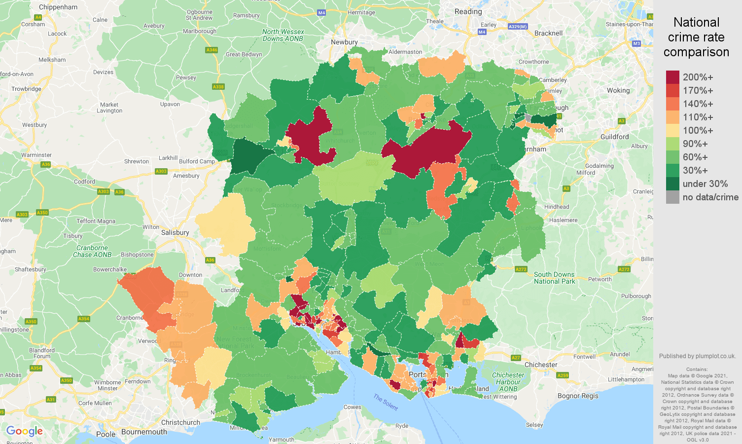 Hampshire criminal damage and arson crime rate comparison map