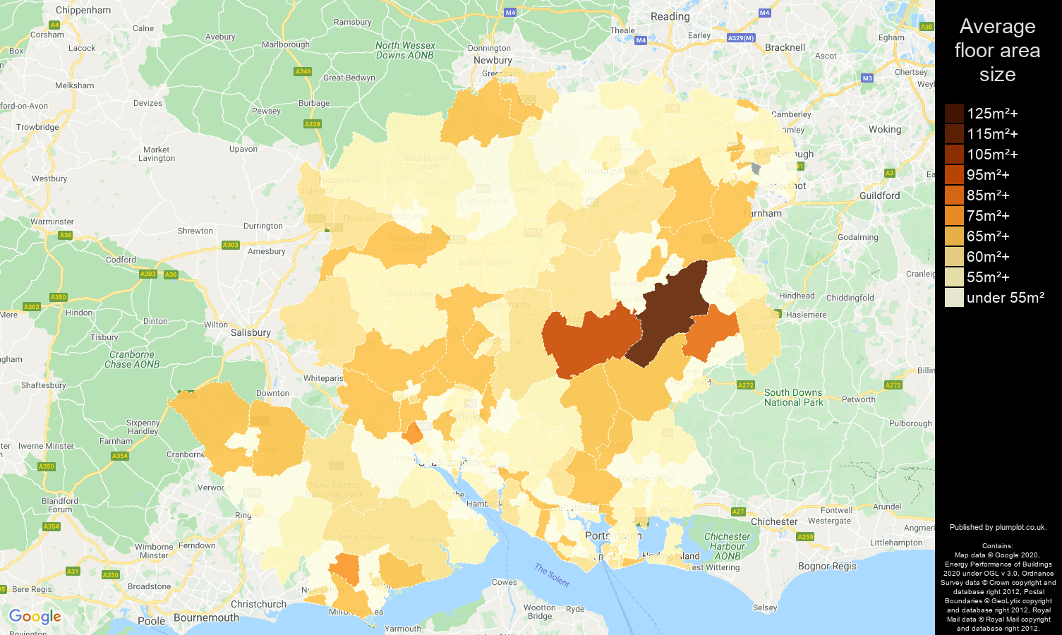 Hampshire map of average floor area size of flats