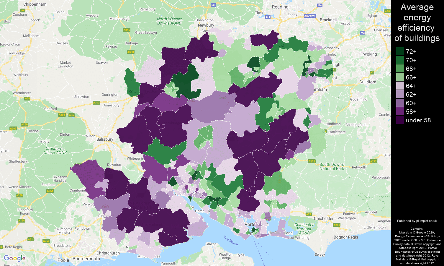 Hampshire map of energy efficiency of properties