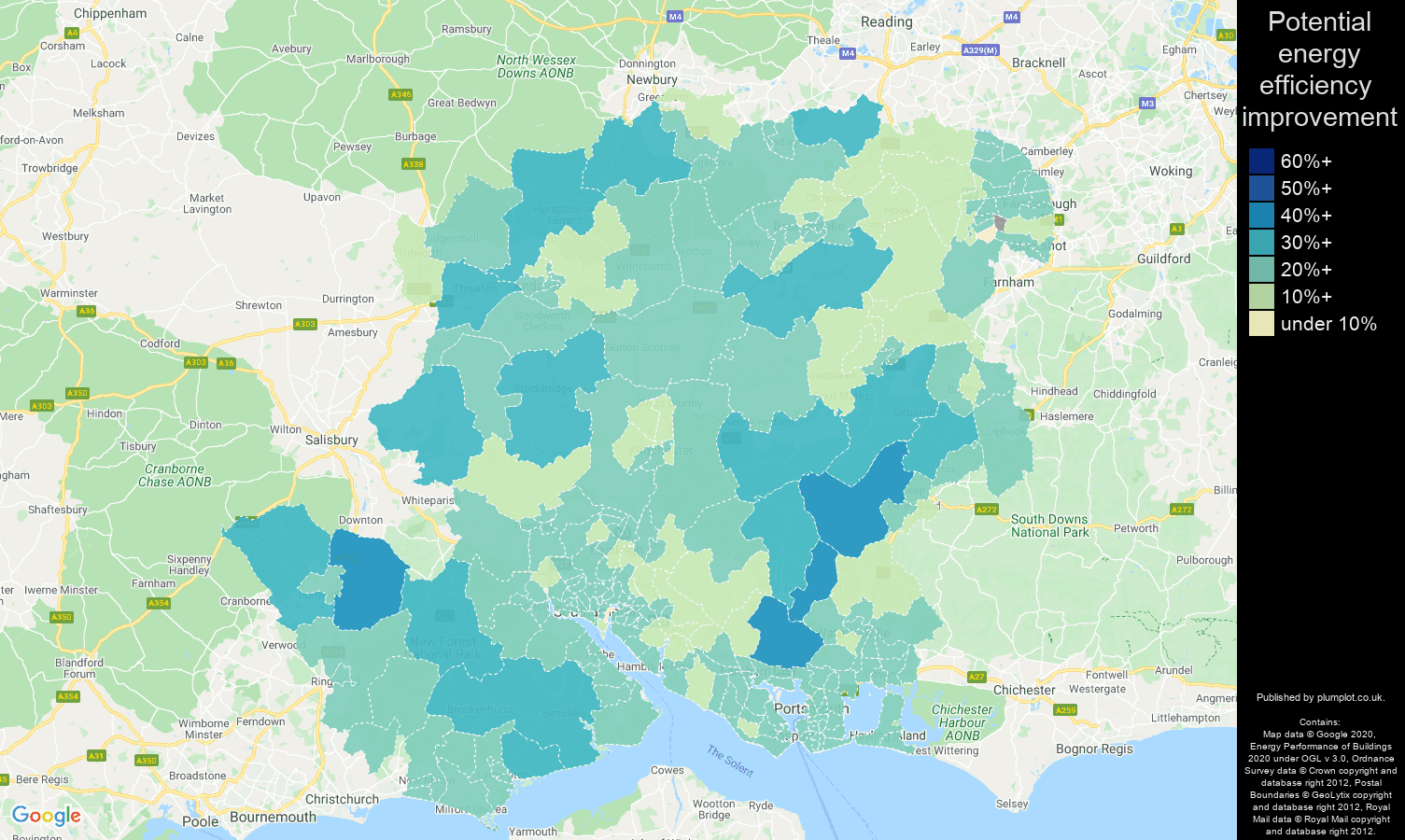 Hampshire map of potential energy efficiency improvement of houses