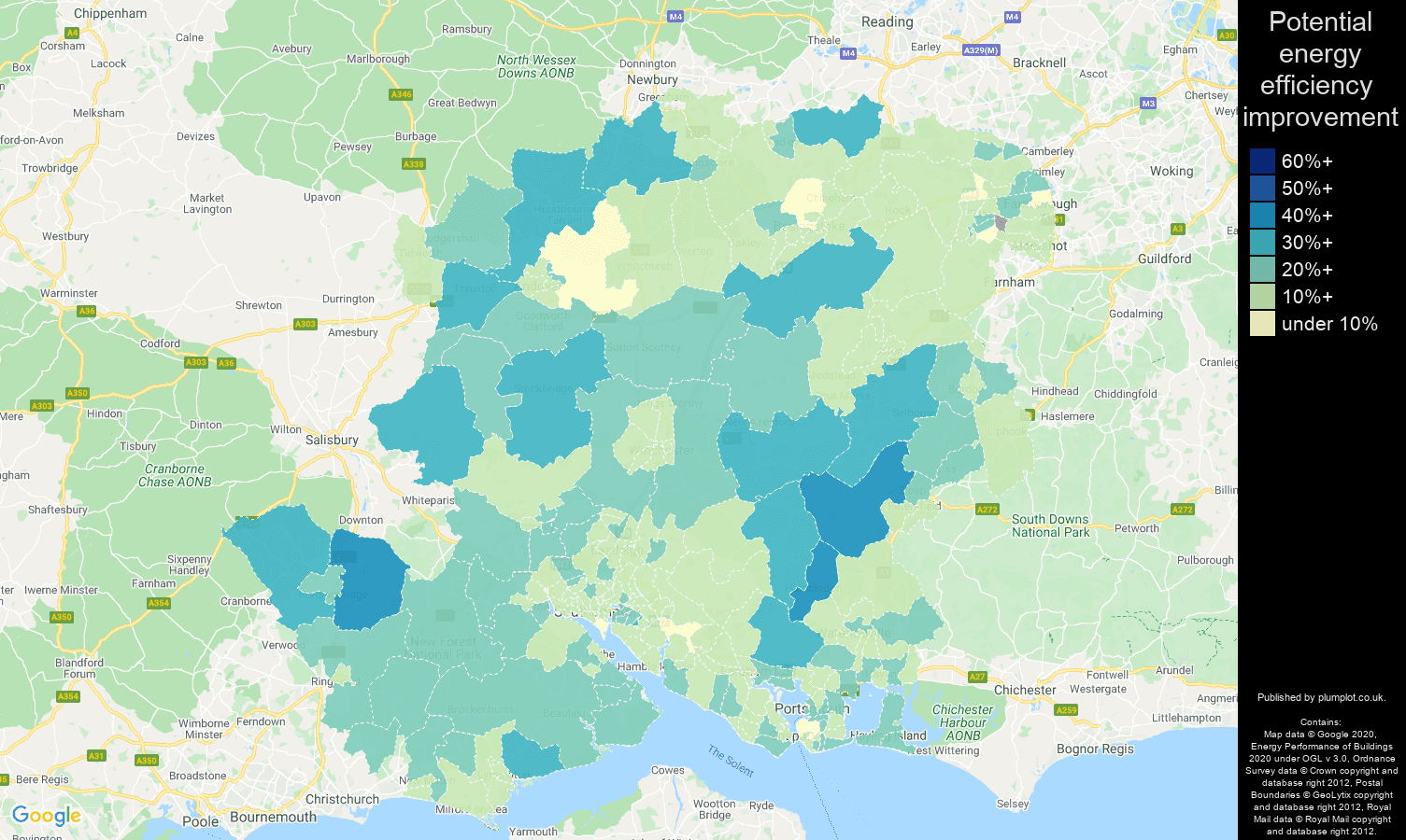 Hampshire map of potential energy efficiency improvement of properties