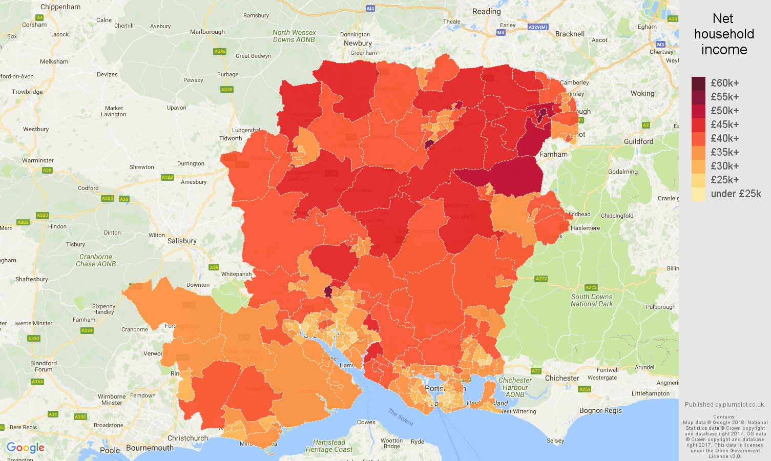 Hampshire net household income map