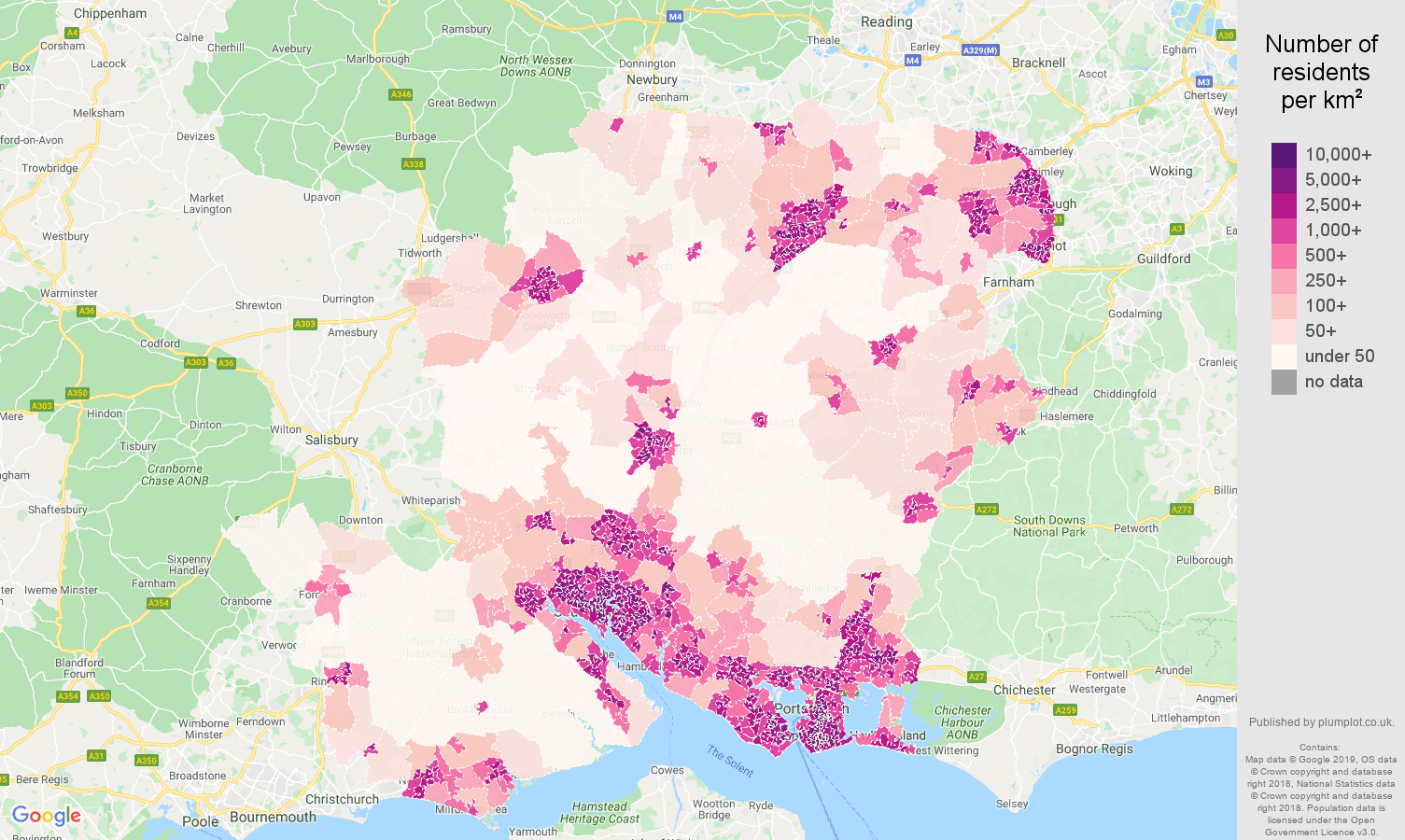 Hampshire population density map