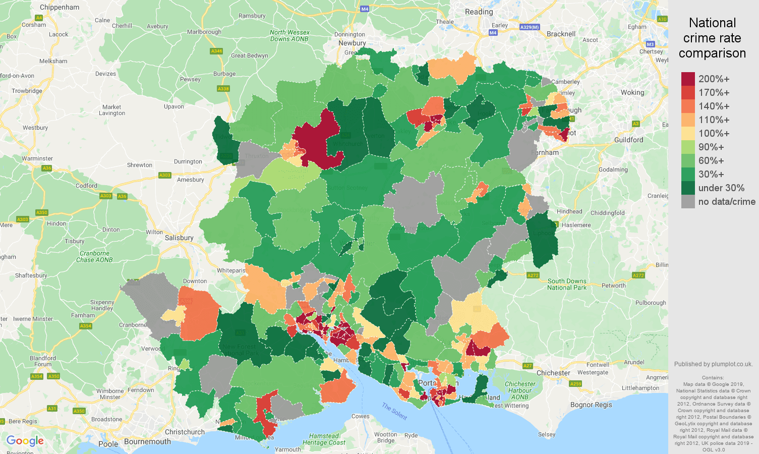 Hampshire possession of weapons crime rate comparison map