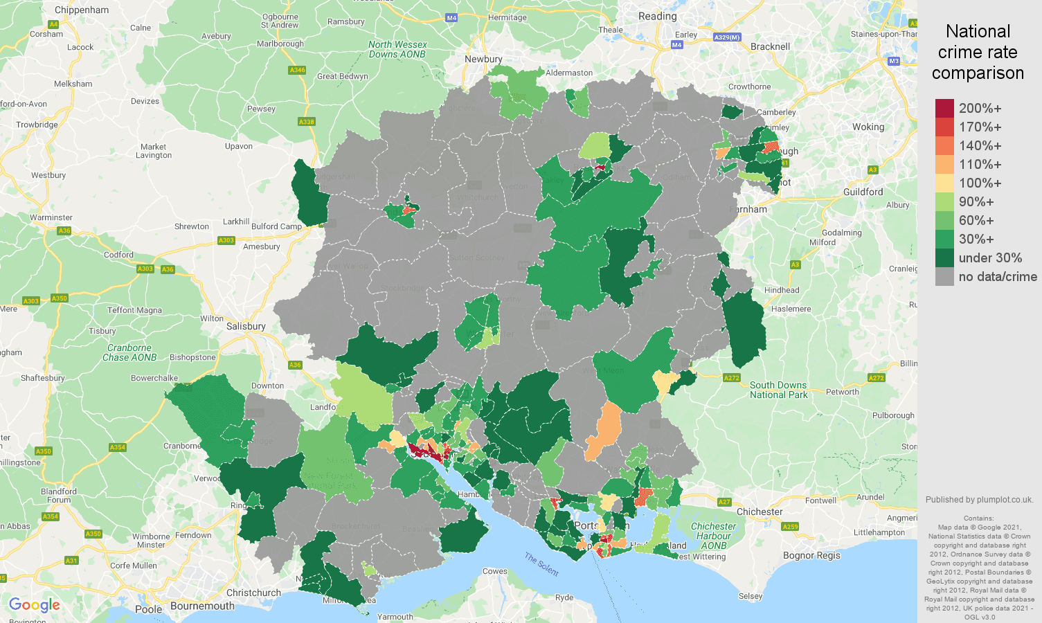 Hampshire theft from the person crime rate comparison map