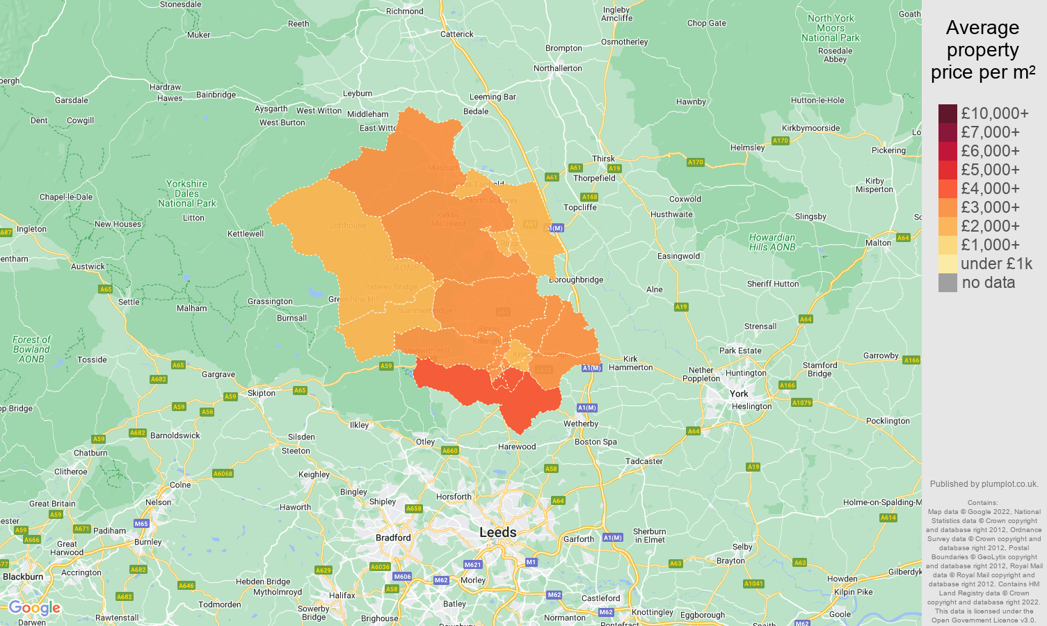Harrogate house prices per square metre map
