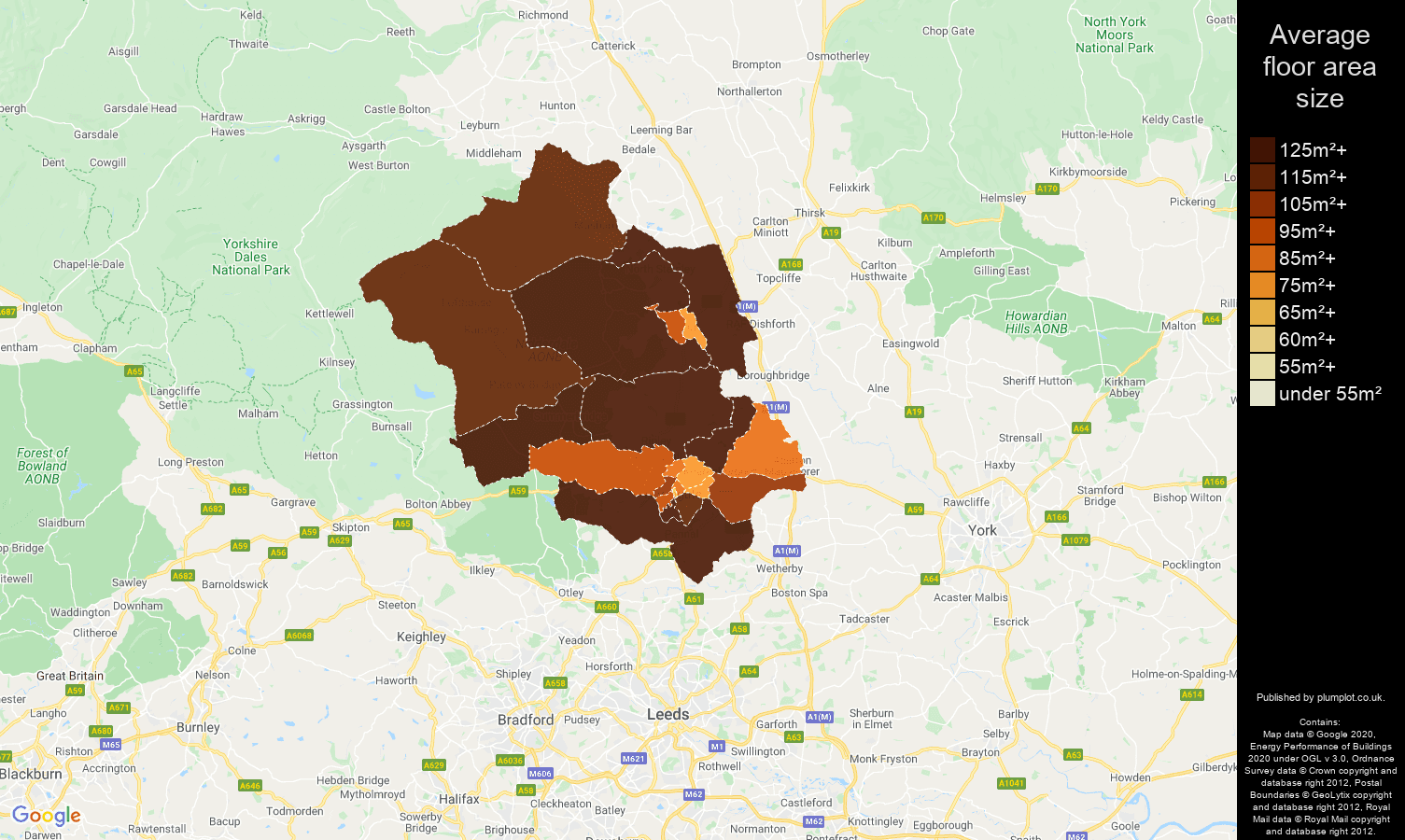 Harrogate map of average floor area size of properties