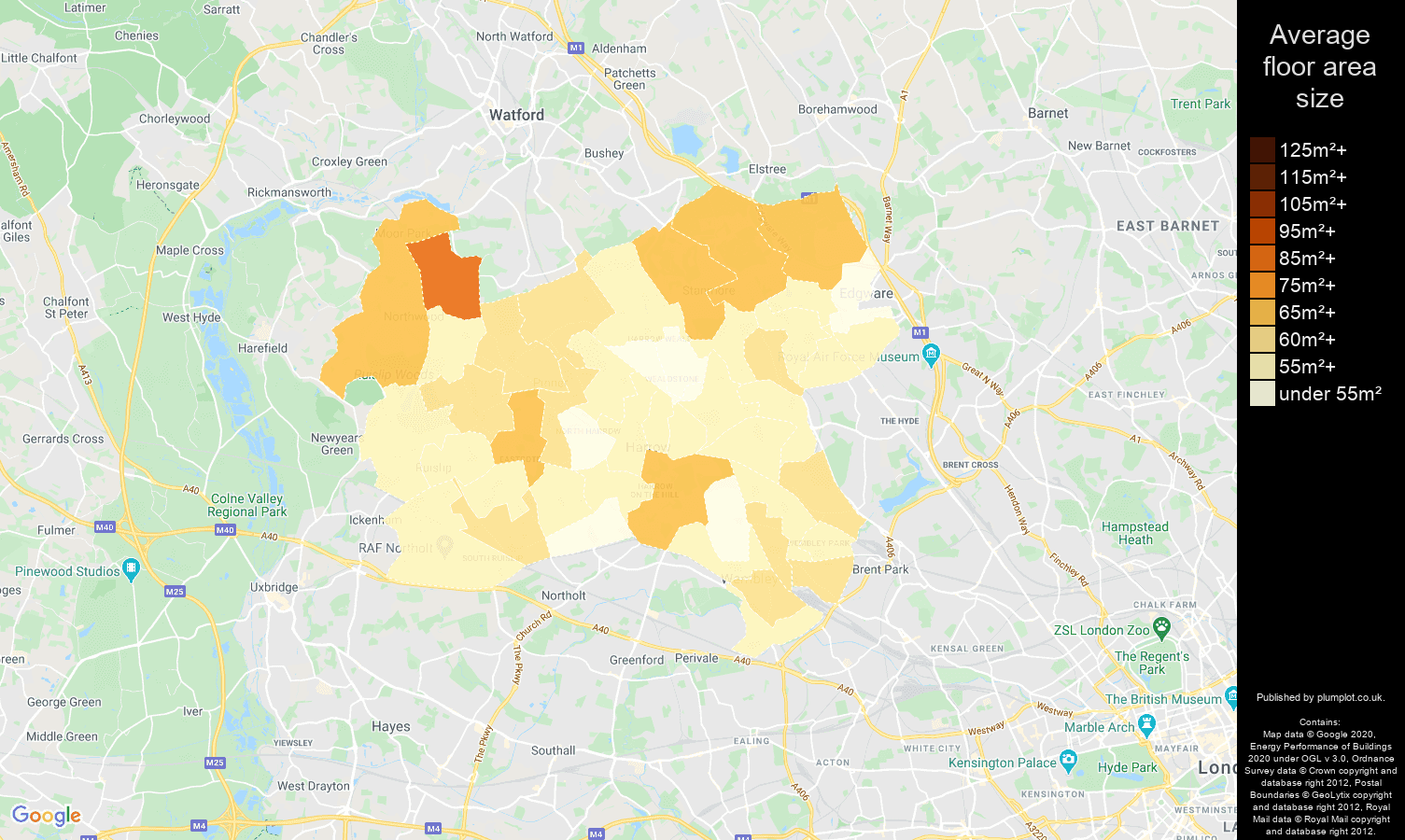 Harrow map of average floor area size of flats