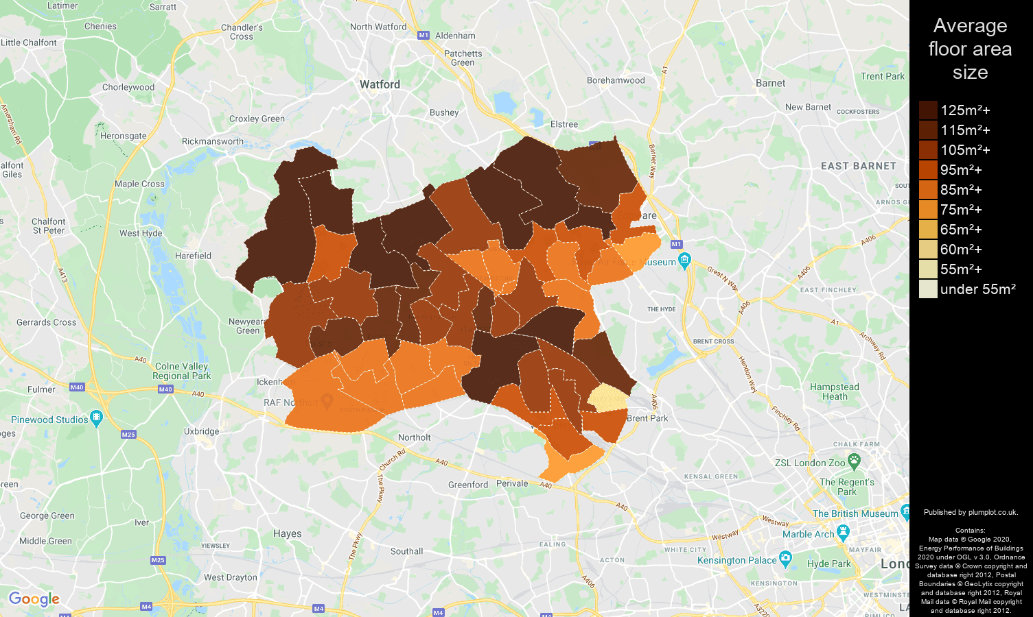 Harrow map of average floor area size of houses