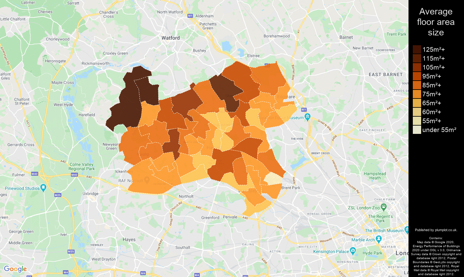 Harrow map of average floor area size of properties