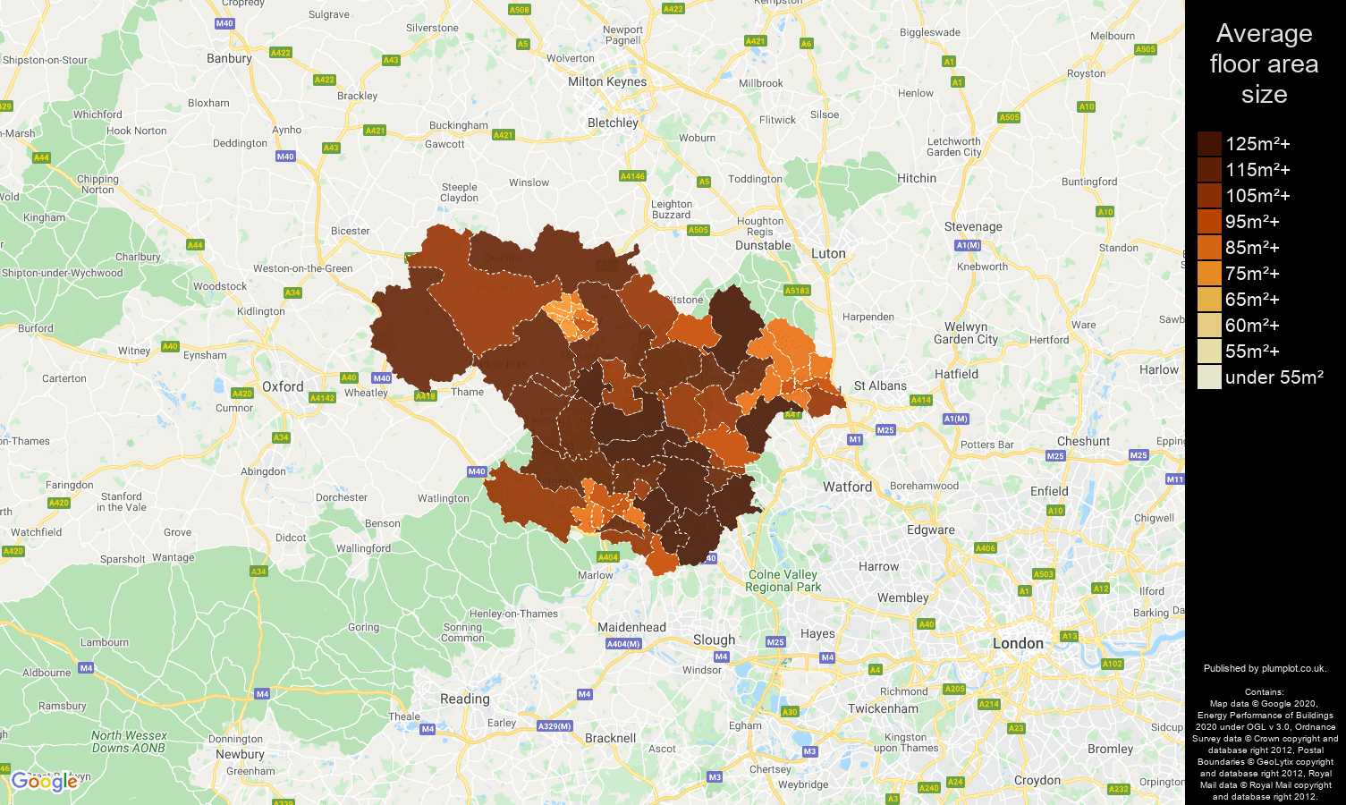 Hemel Hempstead map of average floor area size of houses
