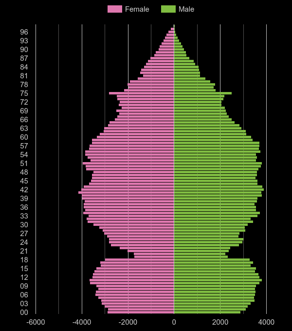 Hemel Hempstead population pyramid by year