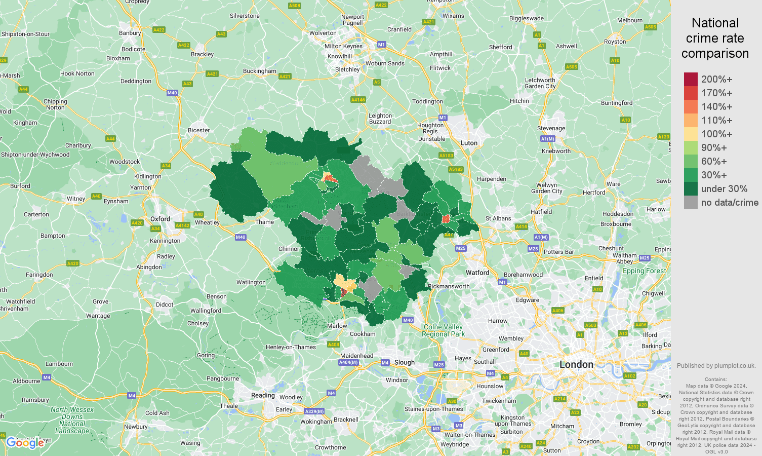 Hemel Hempstead theft from the person crime rate comparison map