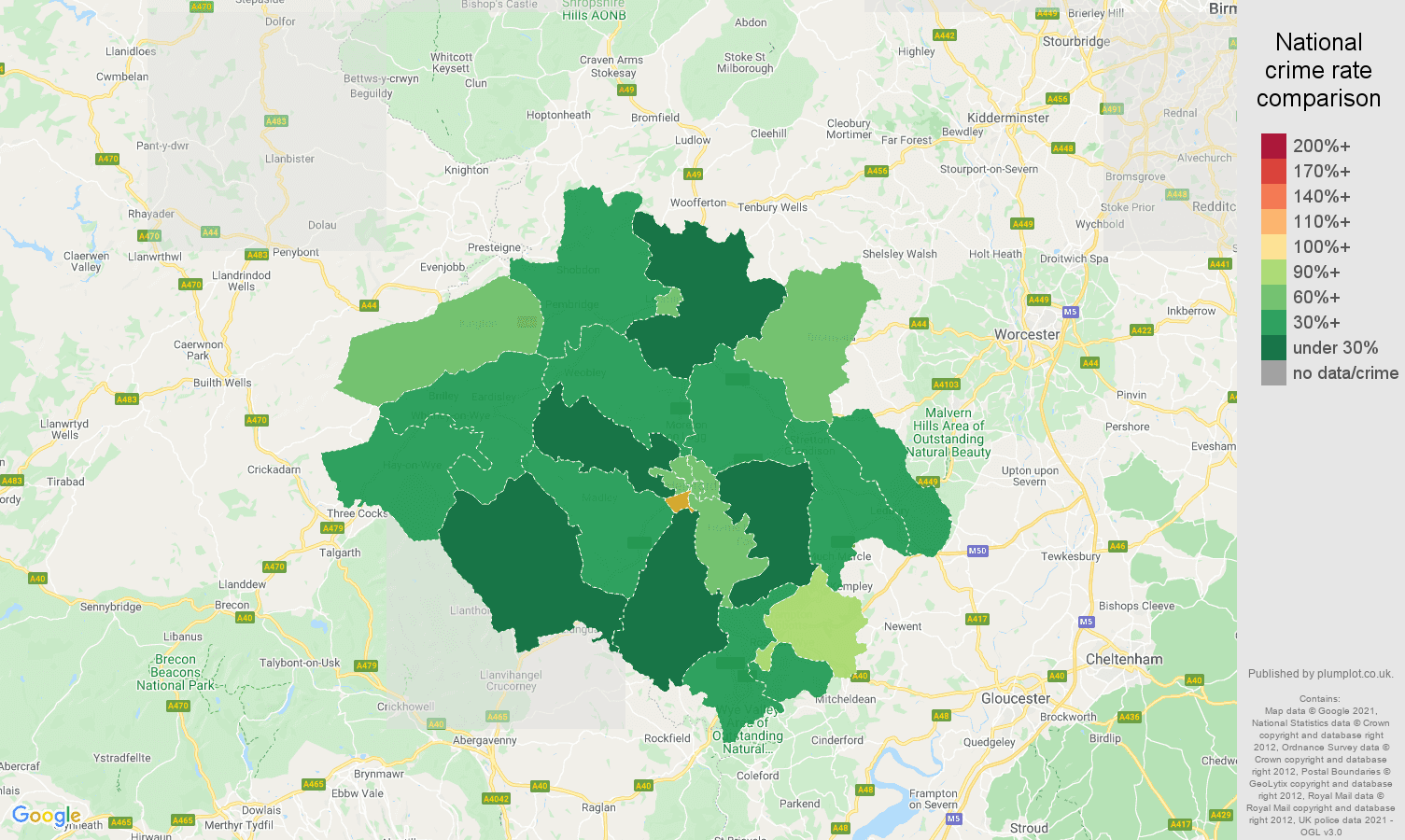 Hereford antisocial behaviour crime rate comparison map