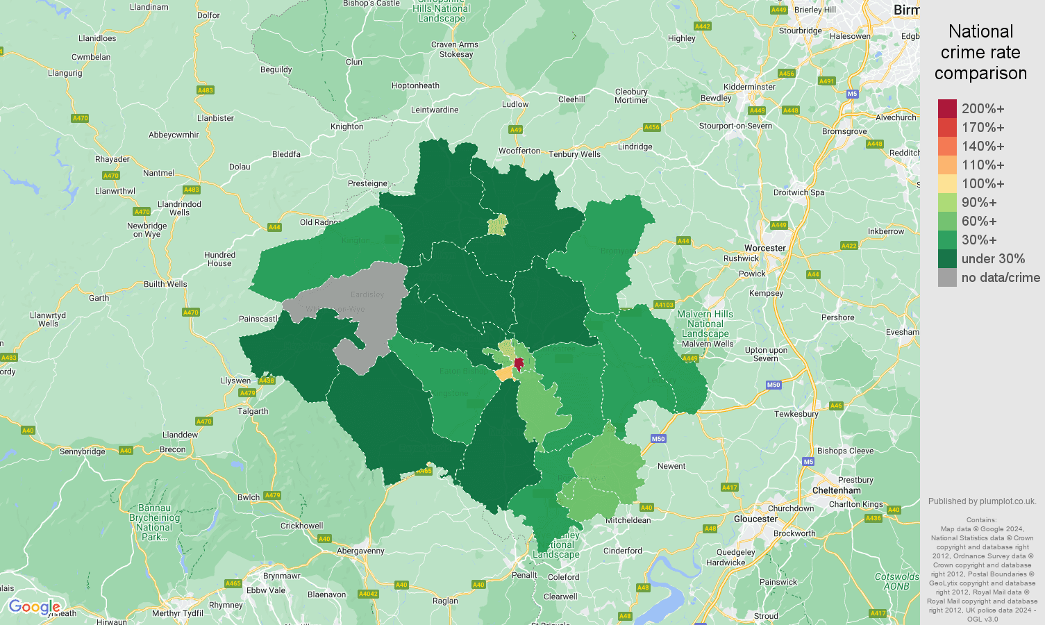 Hereford drugs crime rate comparison map