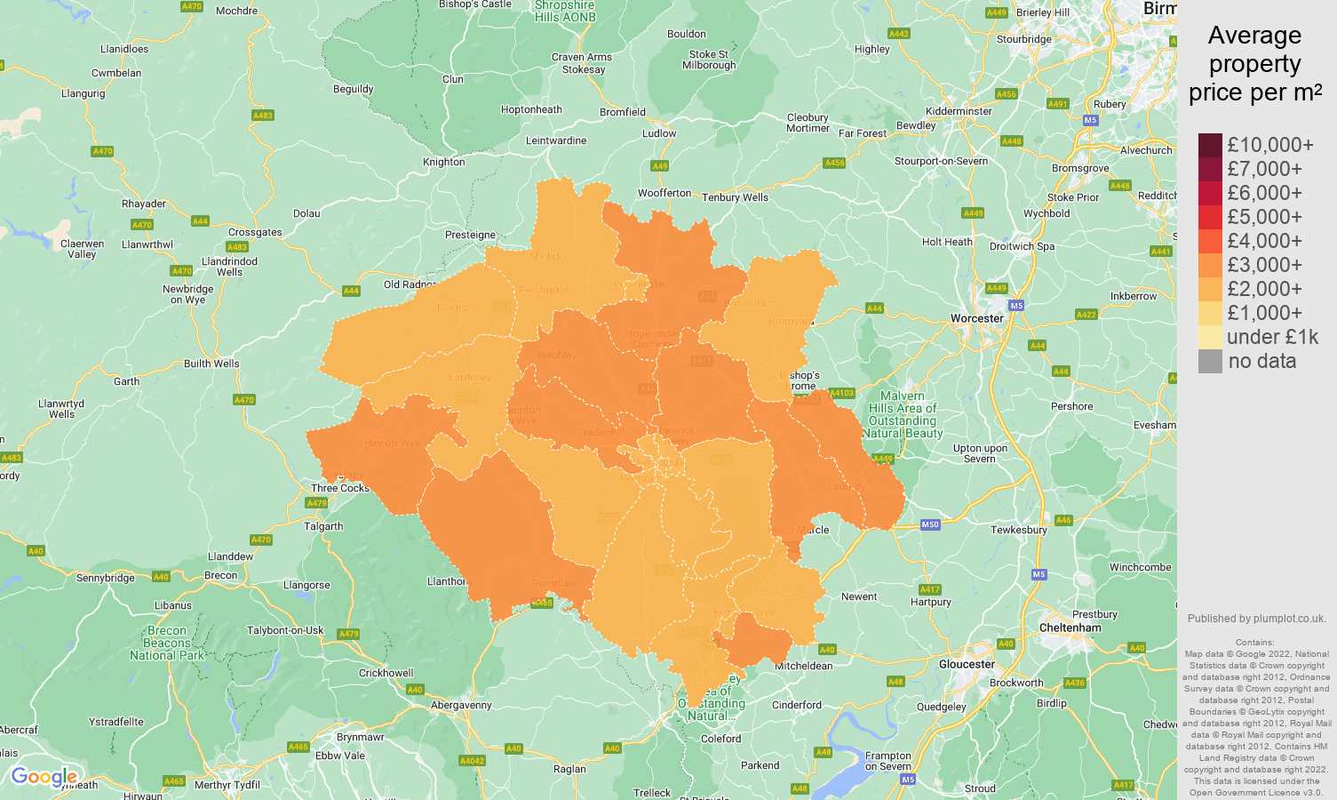 Hereford house prices per square metre map