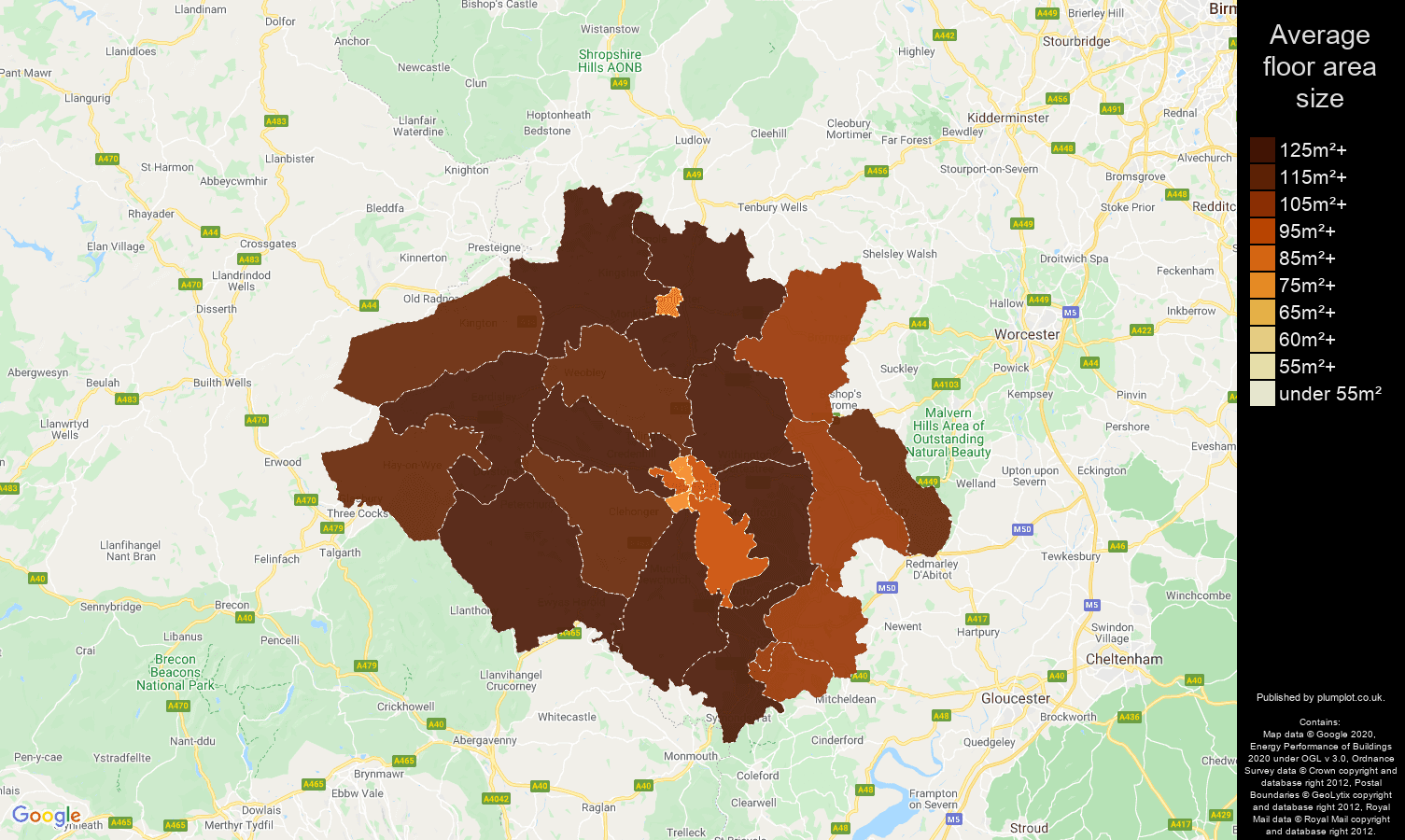Hereford map of average floor area size of houses