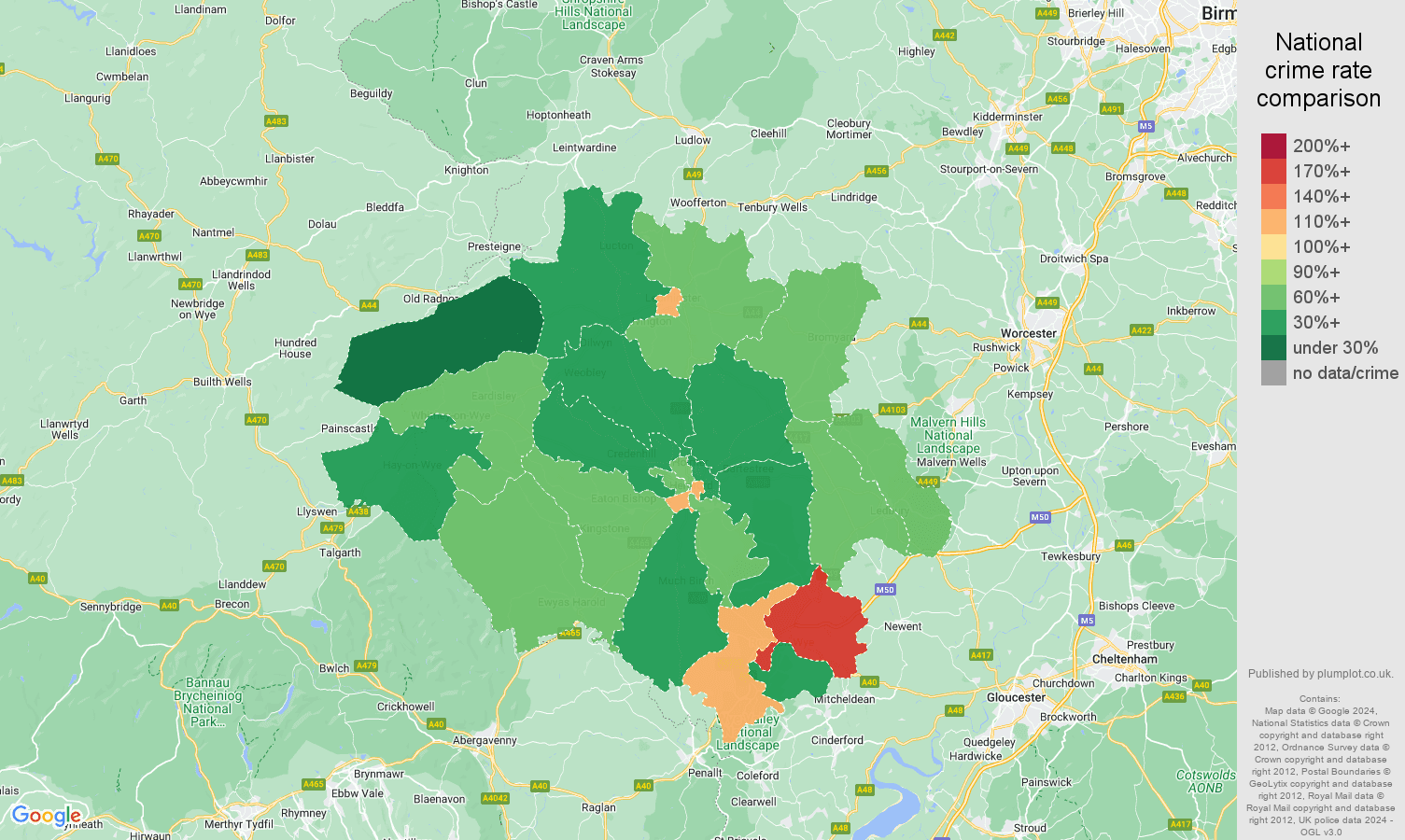 Hereford other theft crime rate comparison map