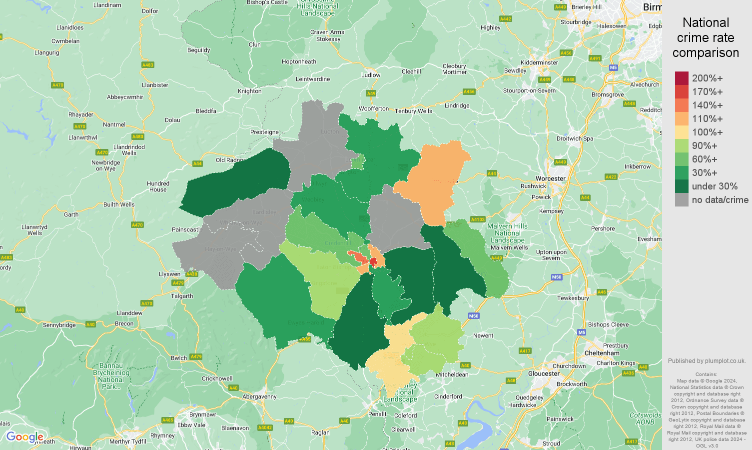 Hereford possession of weapons crime rate comparison map