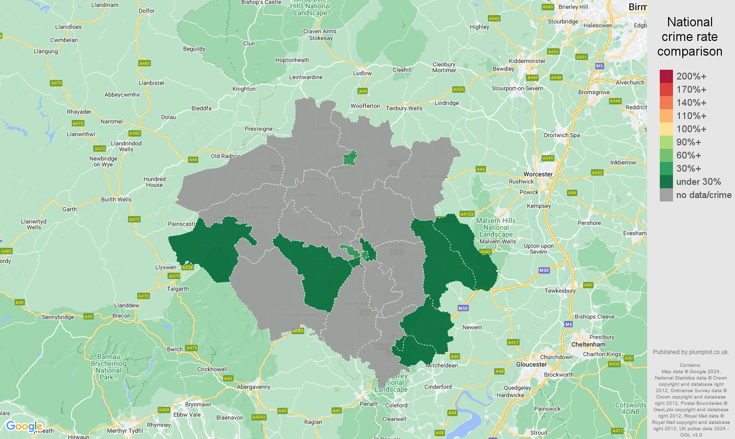 Hereford theft from the person crime rate comparison map