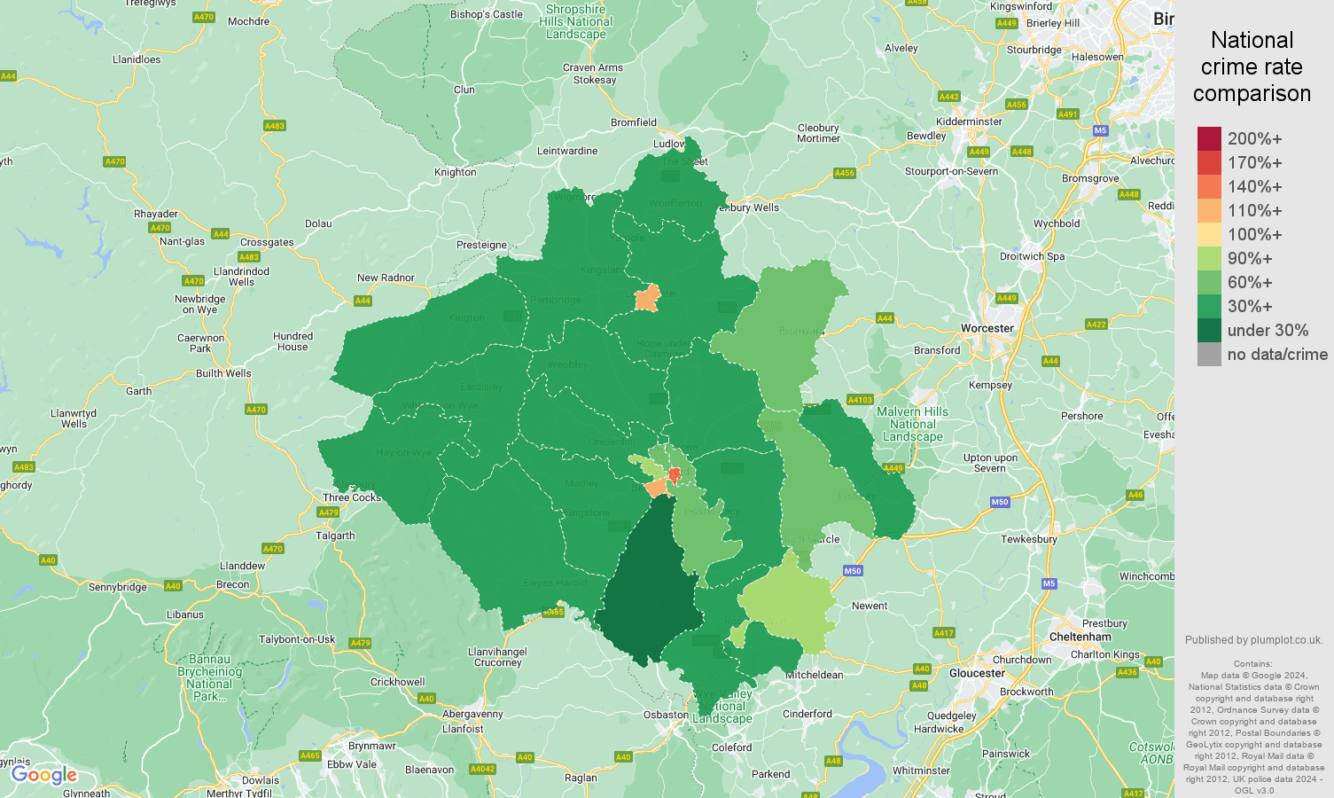Herefordshire crime rate comparison map