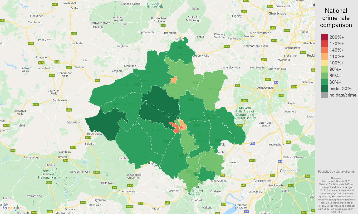 Herefordshire drugs crime rate comparison map
