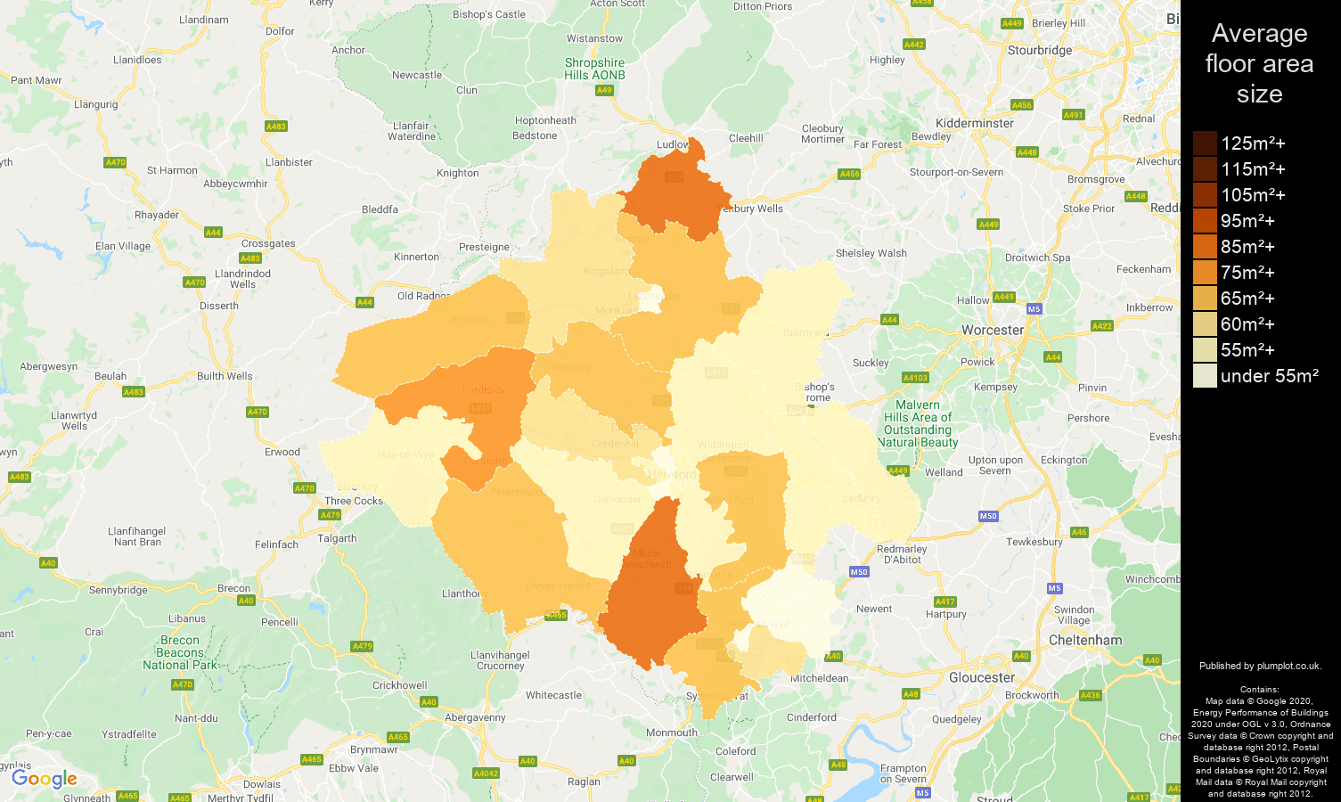 Herefordshire map of average floor area size of flats
