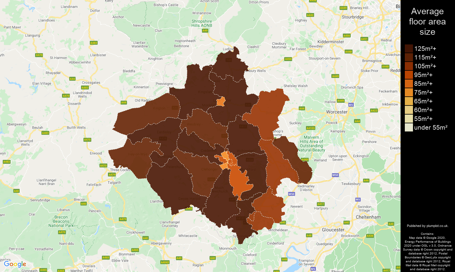 Herefordshire map of average floor area size of houses