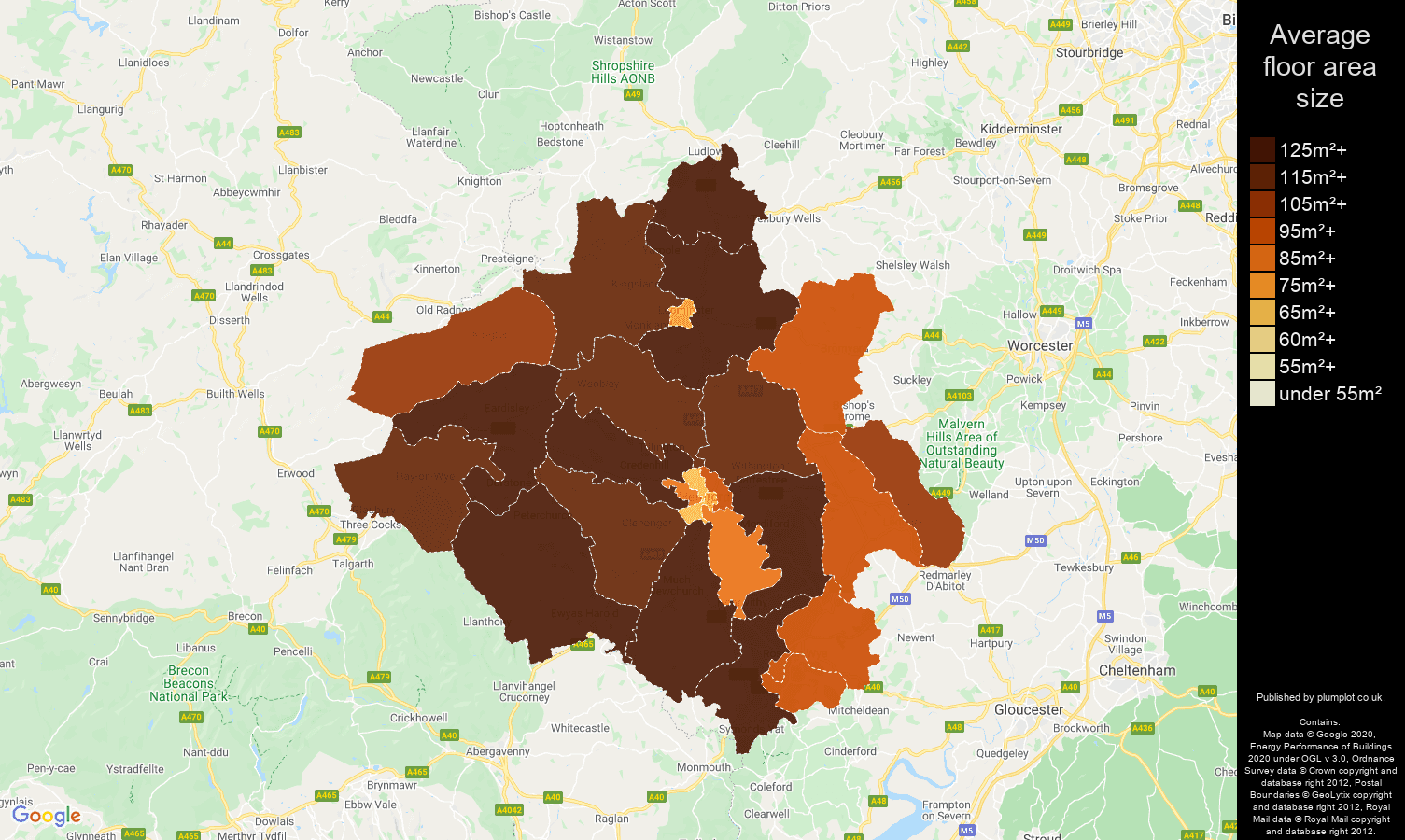 Herefordshire map of average floor area size of properties