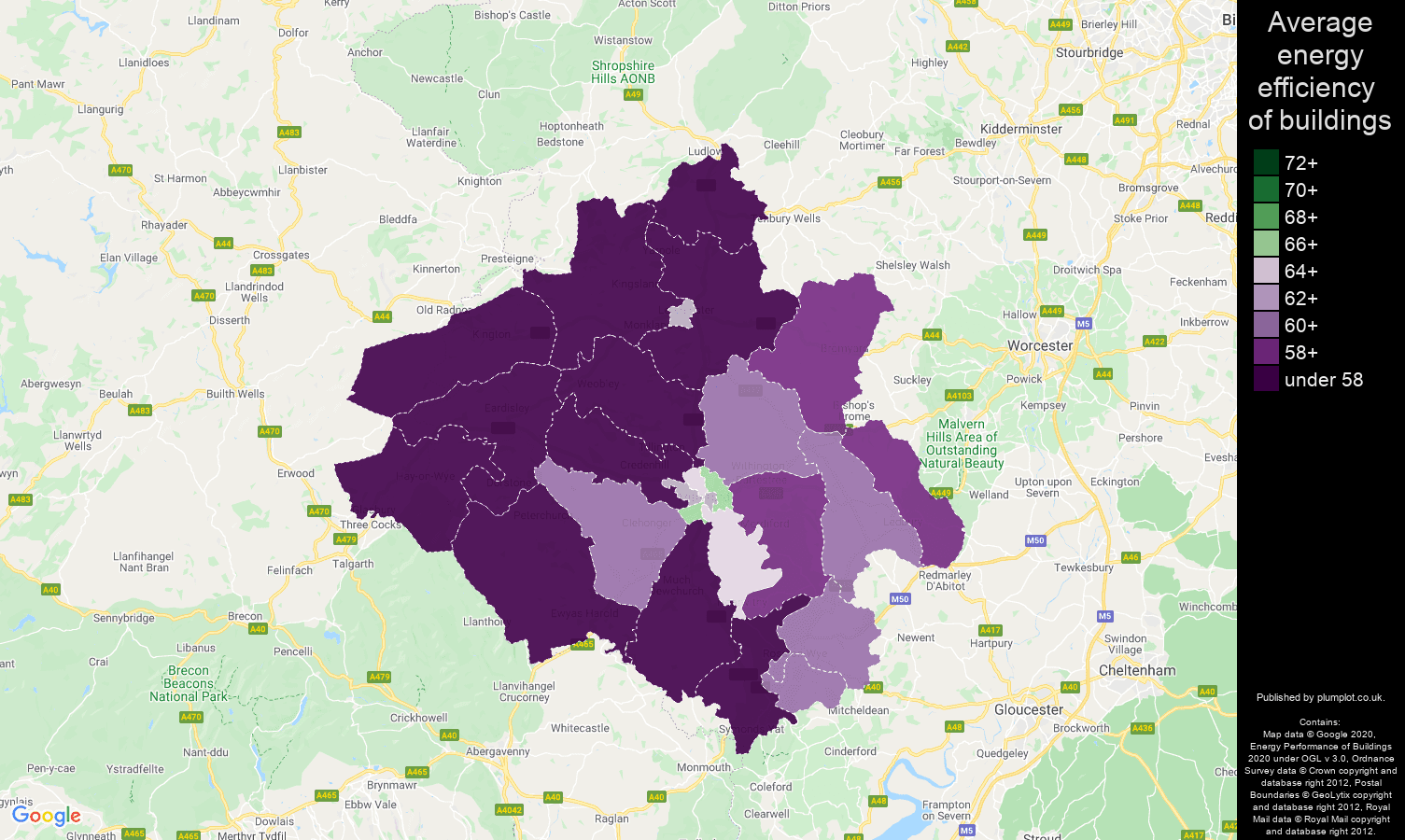 Herefordshire map of energy efficiency of properties