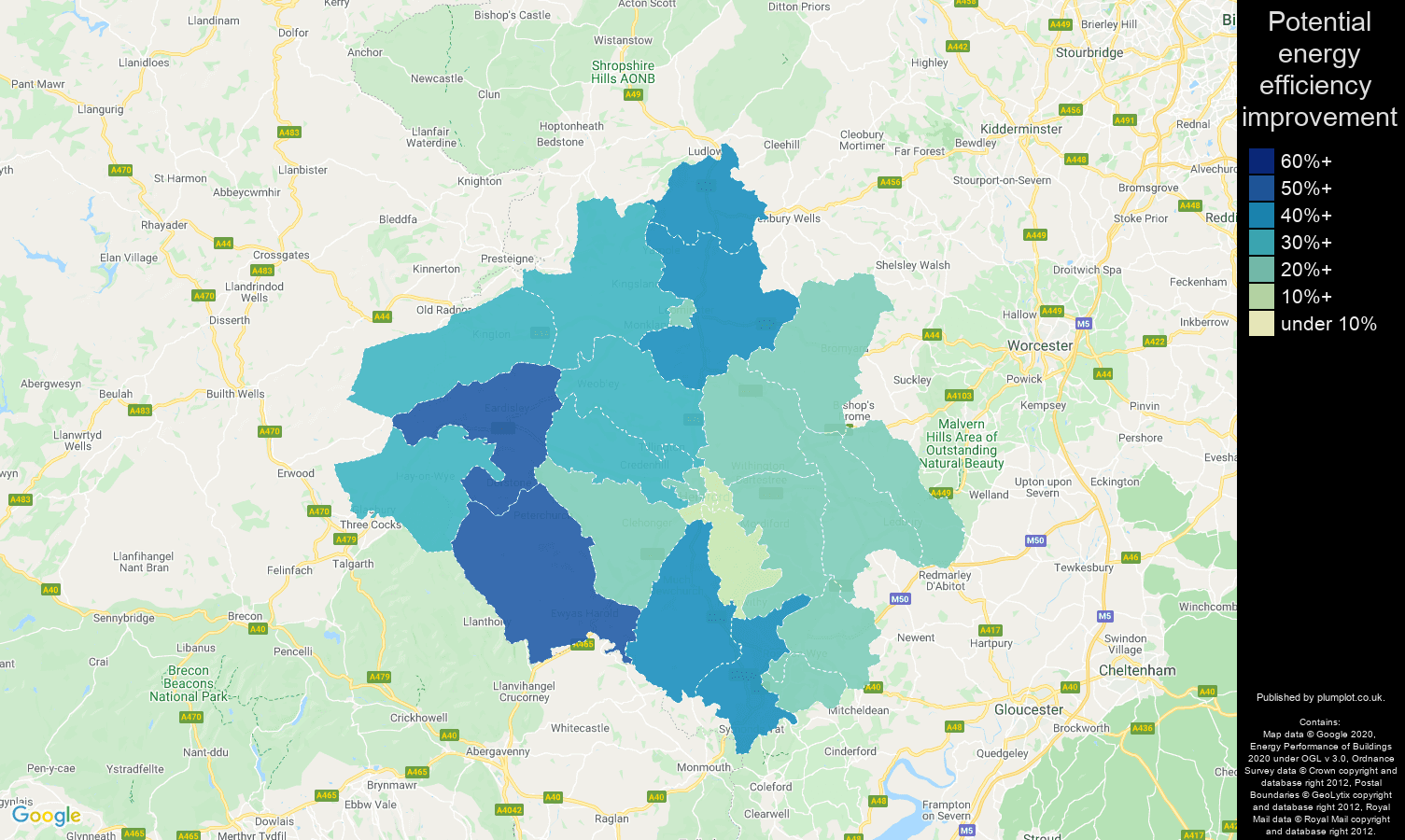 Herefordshire map of potential energy efficiency improvement of properties