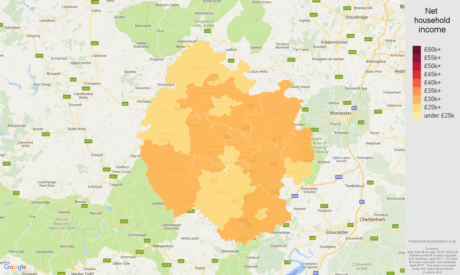 Herefordshire net household income map
