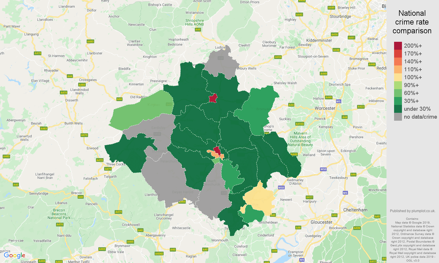 Herefordshire shoplifting crime rate comparison map