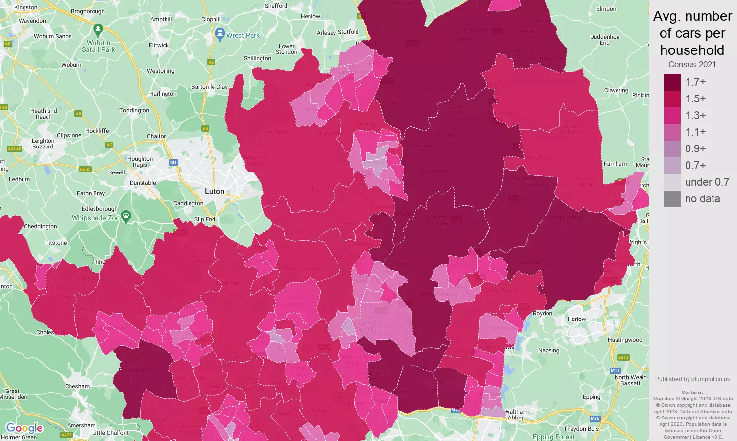 Hertfordshire cars per household map