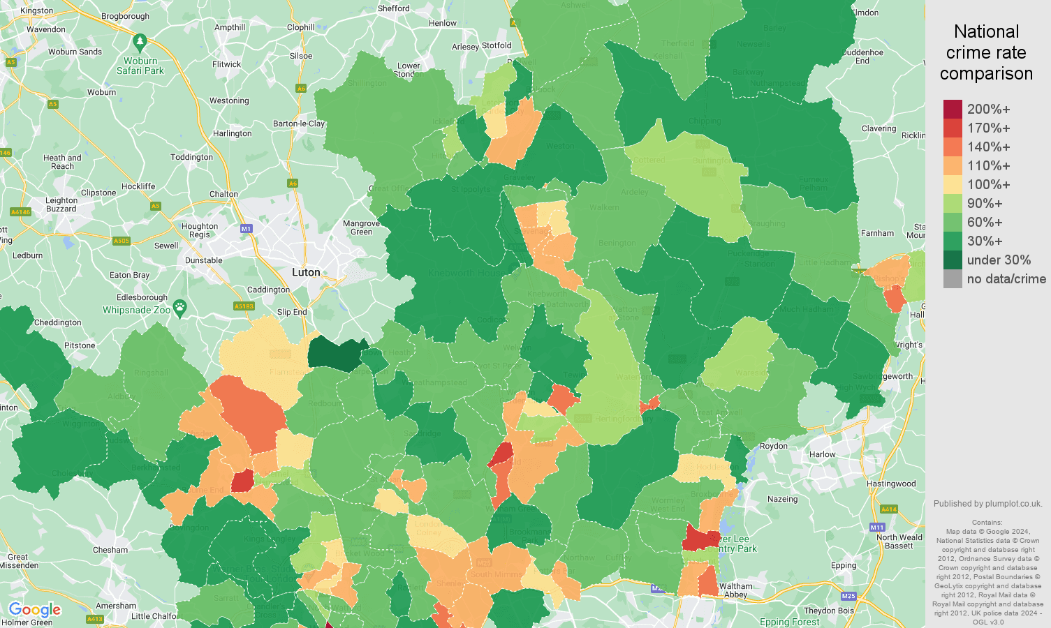 Hertfordshire crime rate comparison map