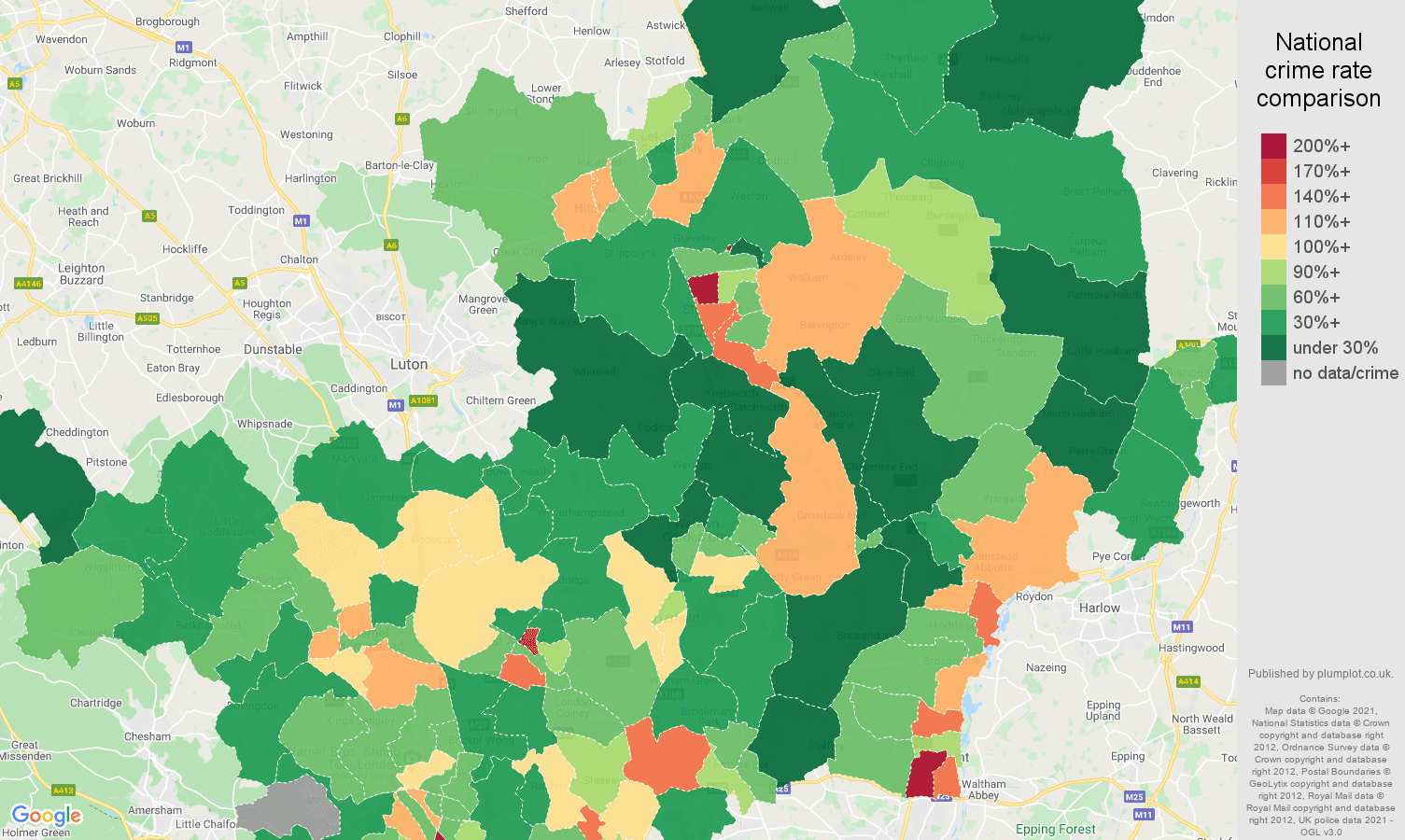 Hertfordshire drugs crime rate comparison map
