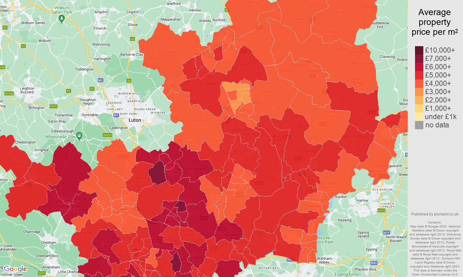 Hertfordshire house prices per square metre map
