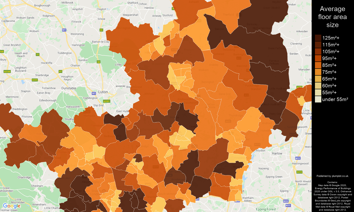 Hertfordshire map of average floor area size of properties