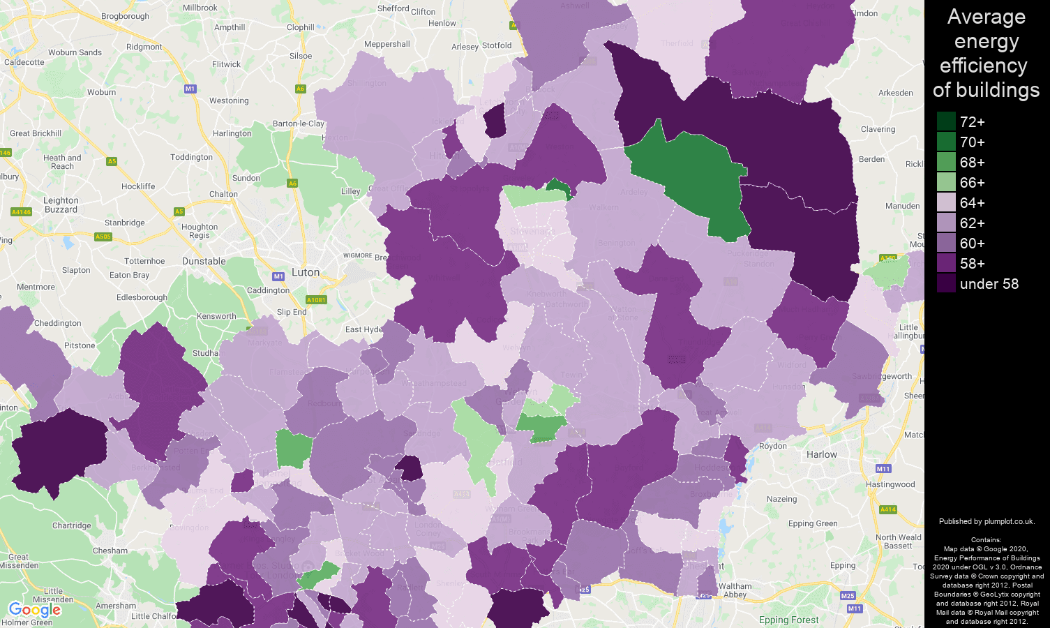 Hertfordshire map of energy efficiency of houses
