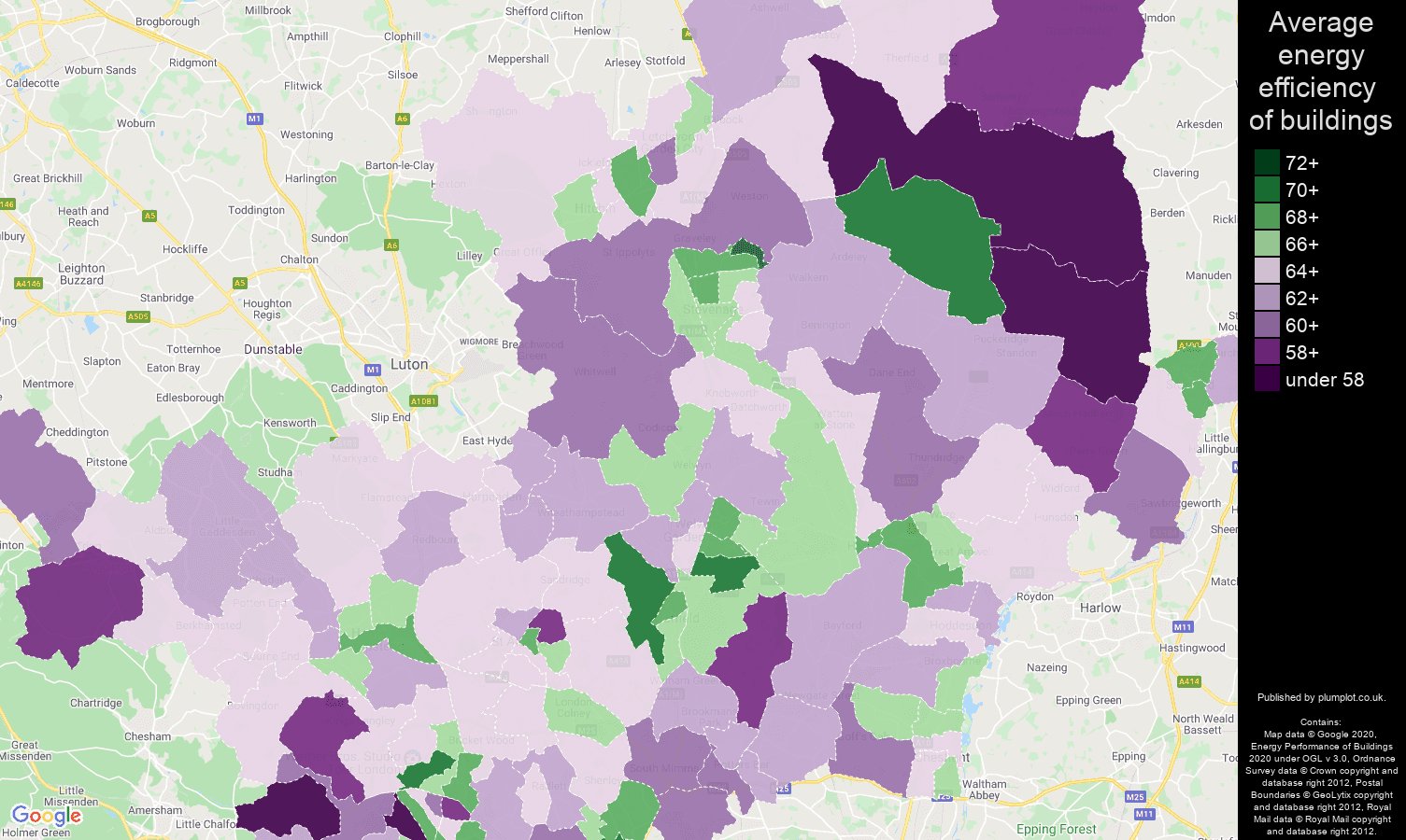 Hertfordshire map of energy efficiency of properties