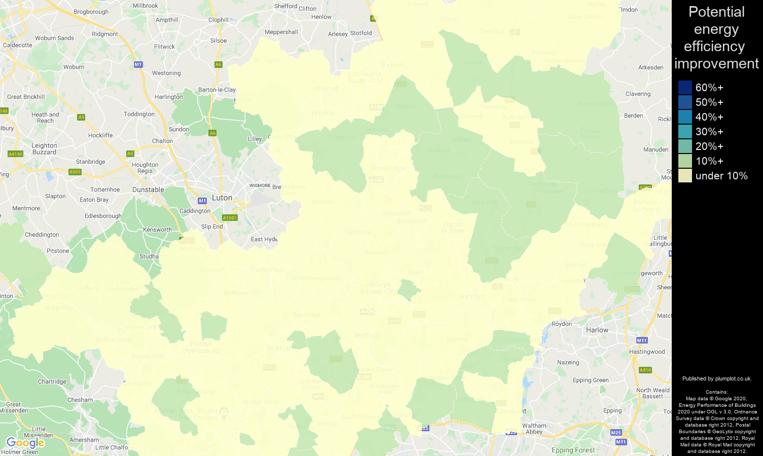 Hertfordshire map of potential energy efficiency improvement of flats