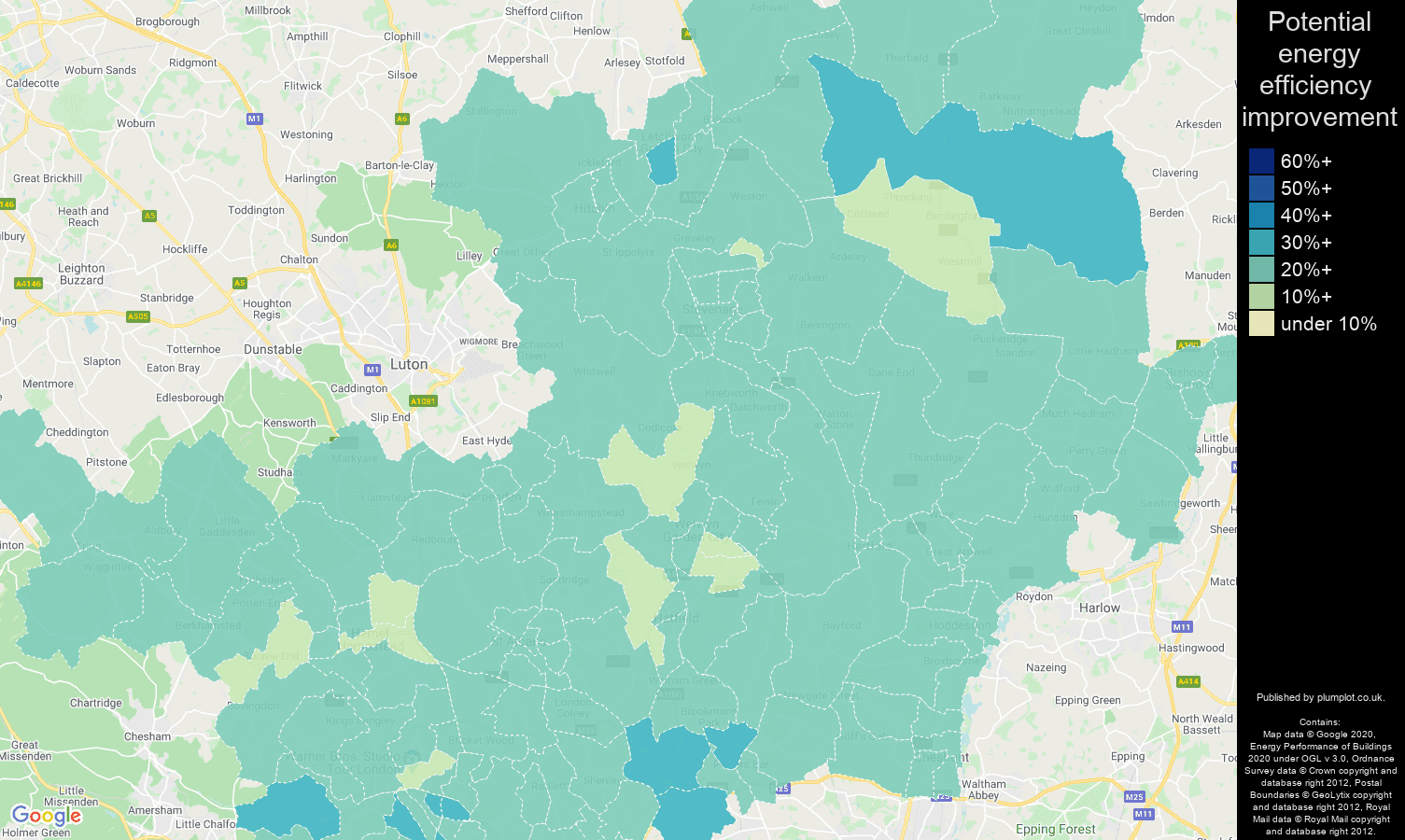 Hertfordshire map of potential energy efficiency improvement of houses