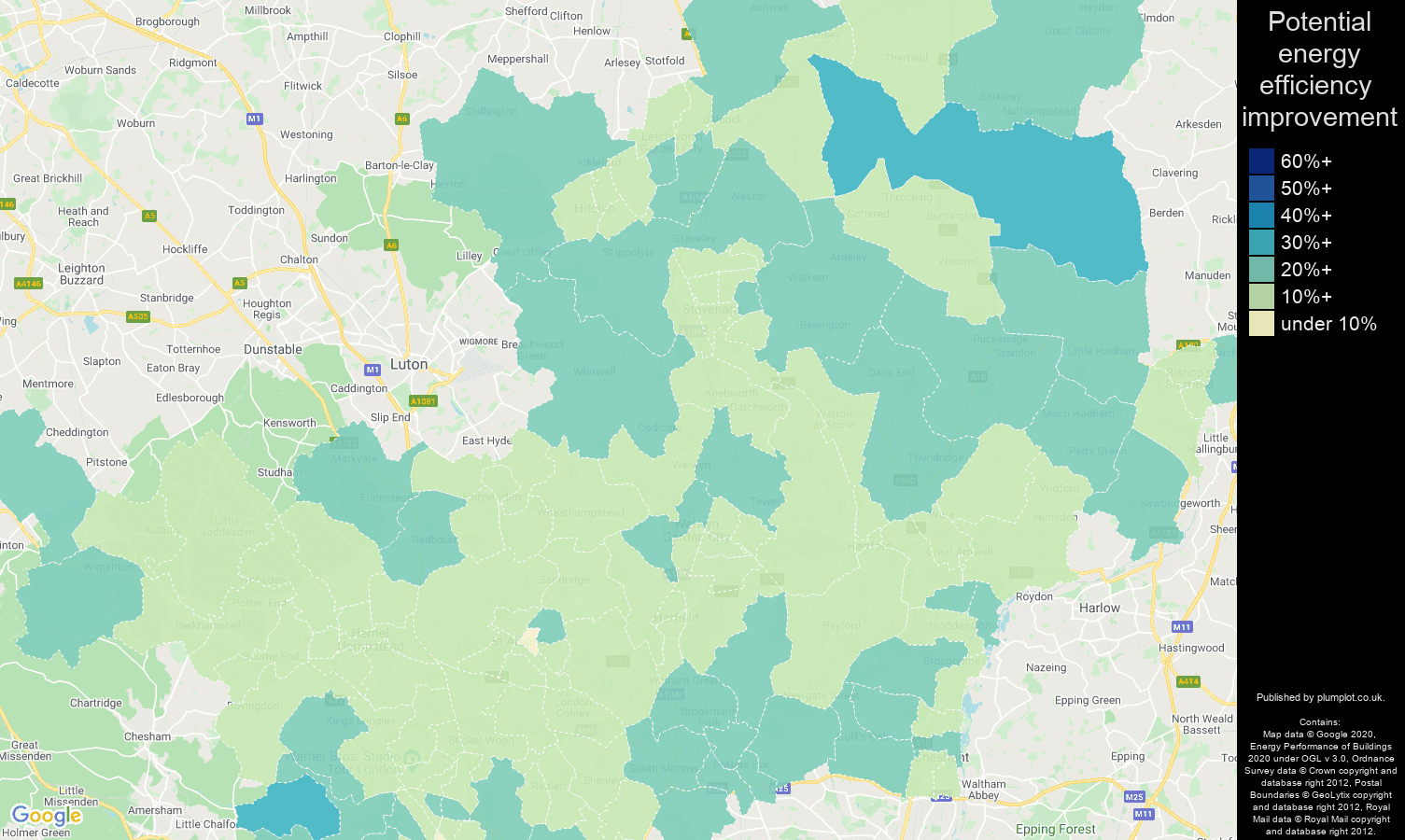 Hertfordshire map of potential energy efficiency improvement of properties