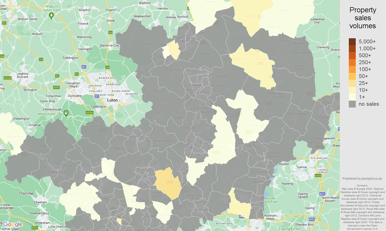 Hertfordshire map of sales of new properties