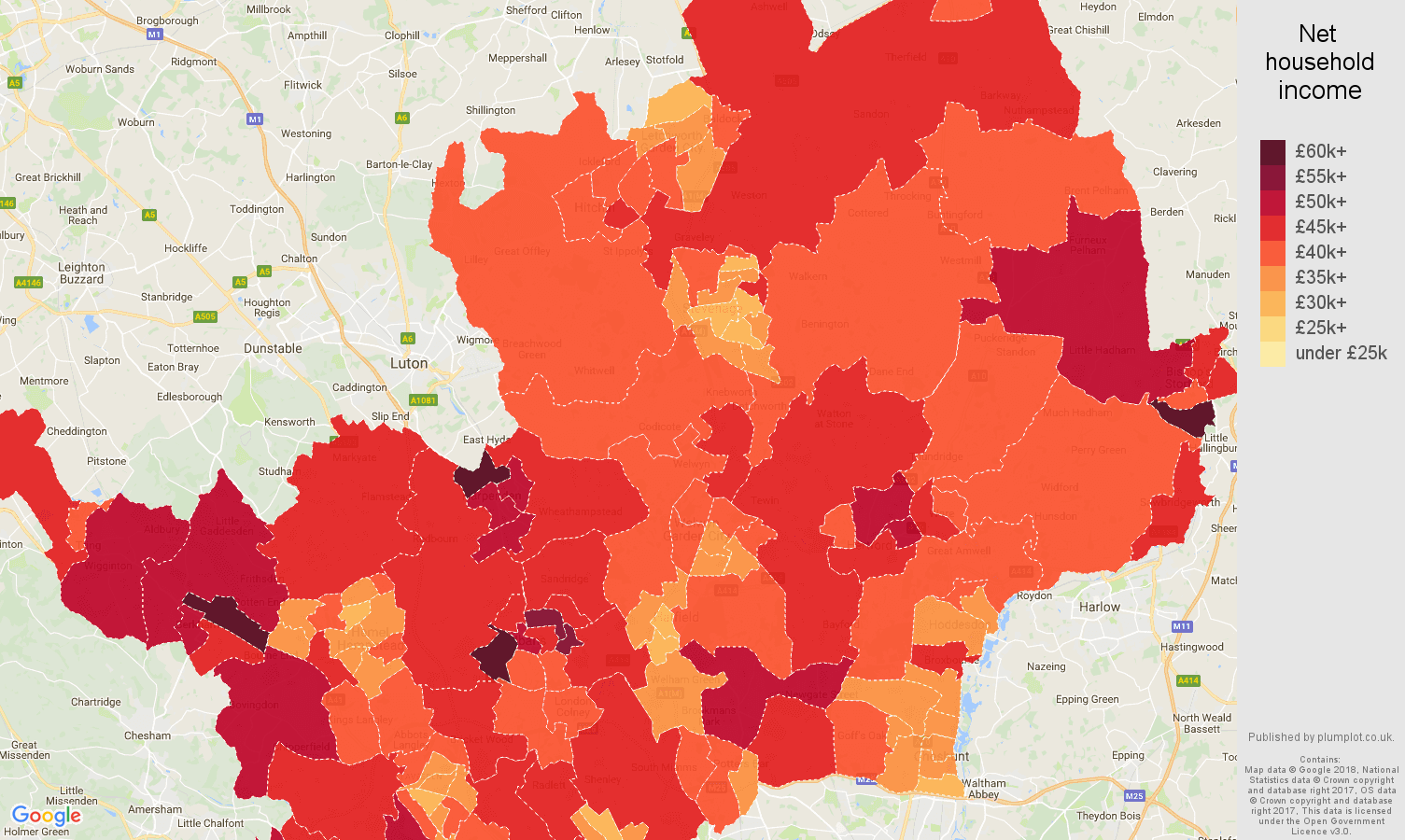 Hertfordshire net household income map
