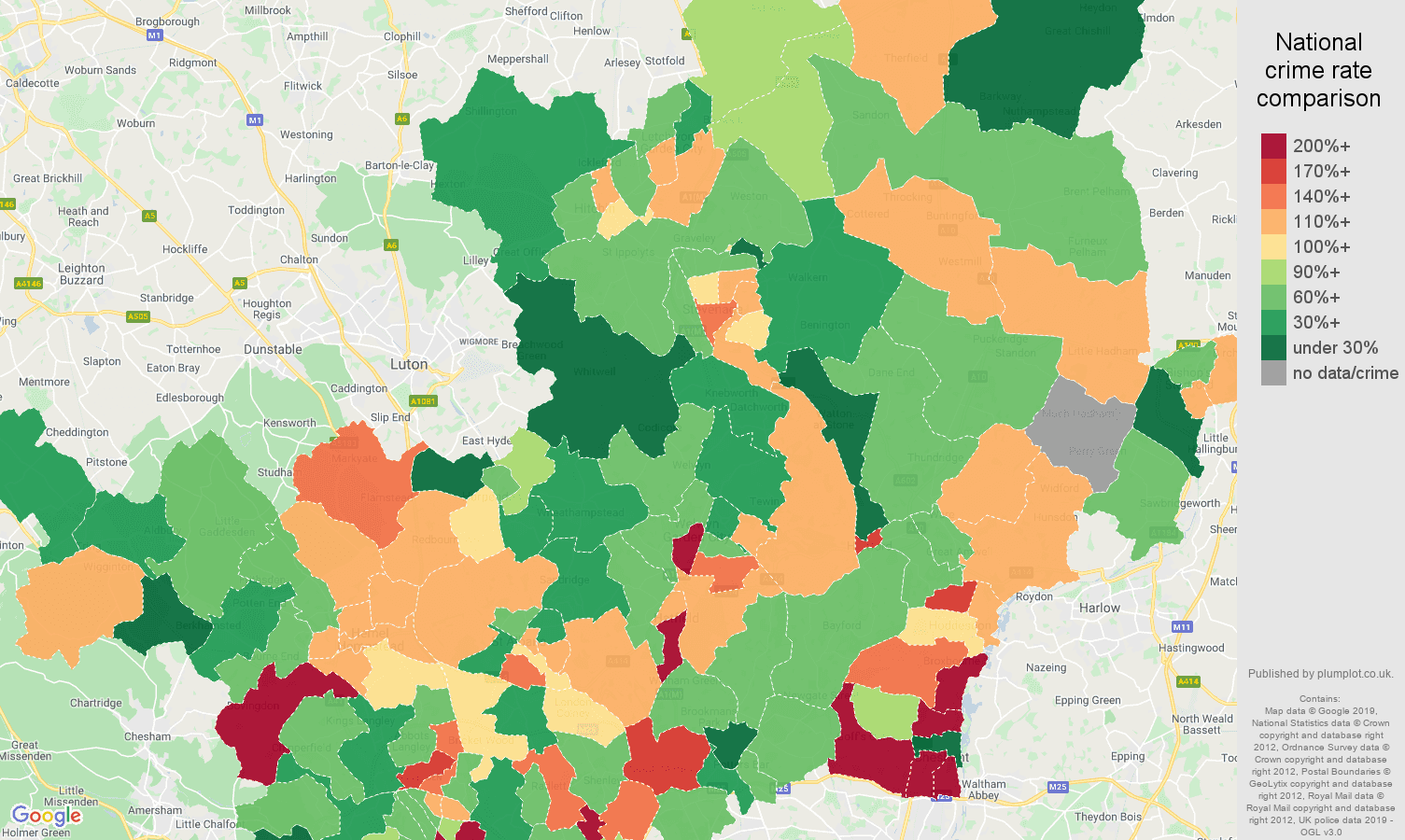 Hertfordshire other crime rate comparison map