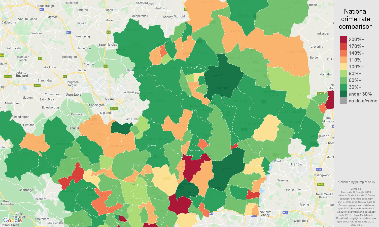 Hertfordshire other theft crime rate comparison map