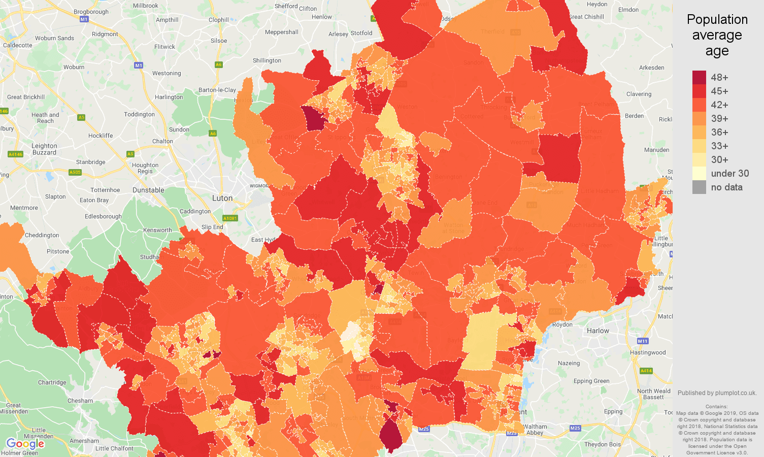 Hertfordshire population average age map