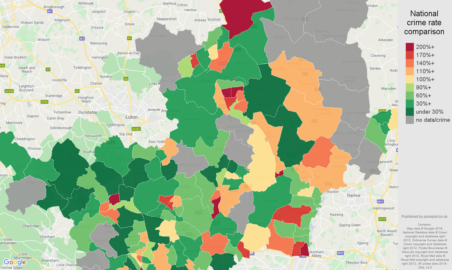 Hertfordshire possession of weapons crime rate comparison map