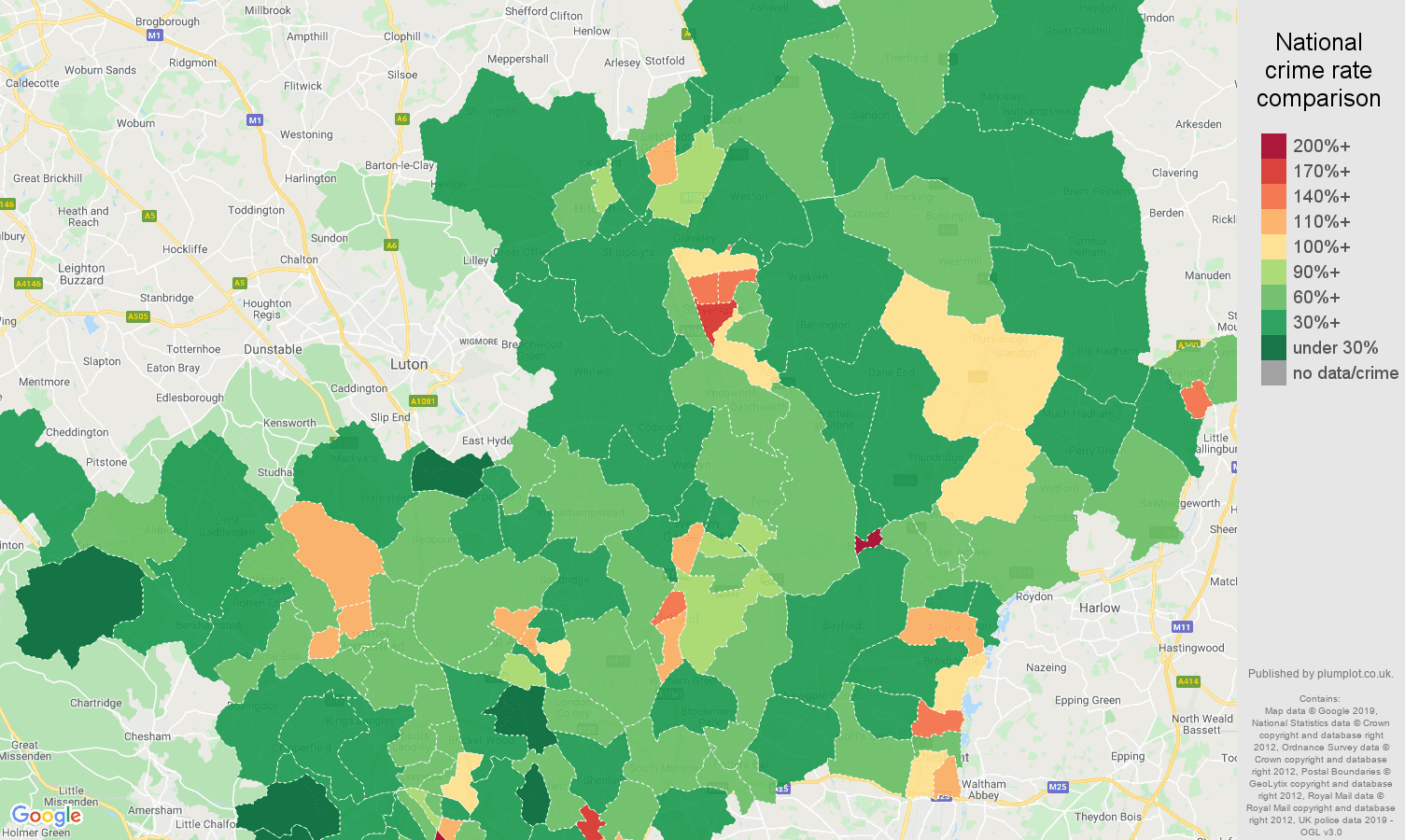 Hertfordshire public order crime rate comparison map